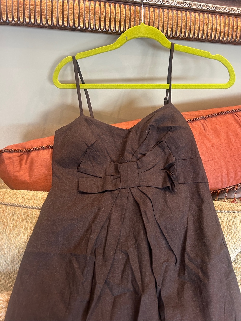 Sophisticated Brown Linen Bow Spaghetti Strap Dress-M NEW